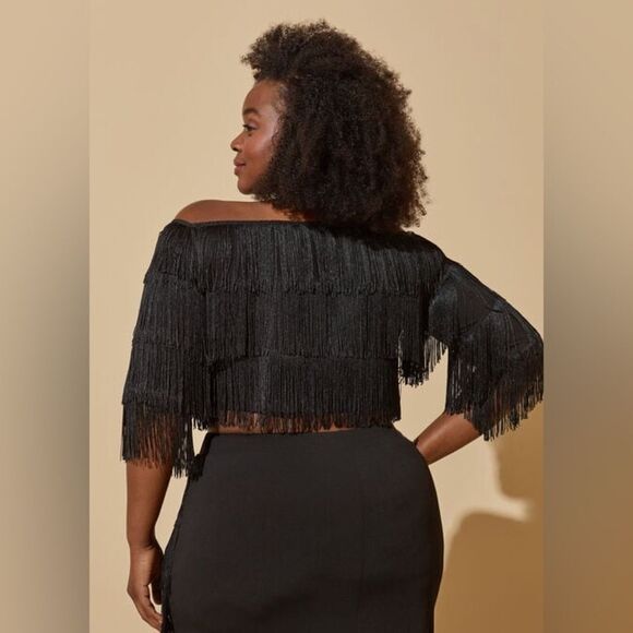 Ashley Stewart, Off The Shoulder Fringed Top size 26/28 Black NWT in packaging - Picture 1 of 6